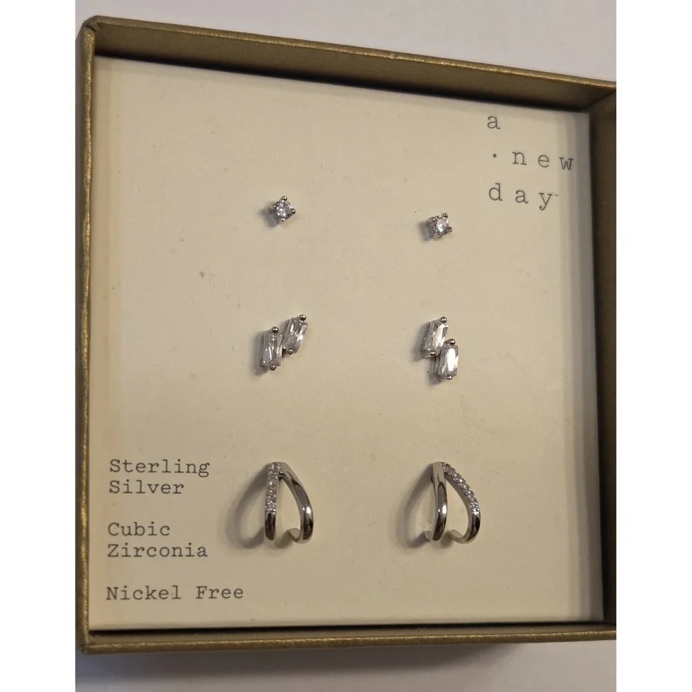 3 Pairs Of New Sterling Silver Stud Earrings CZ Nickel Free New With Box‎